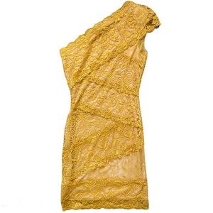 BEBE GOLDEN MIXED LACE DRESS